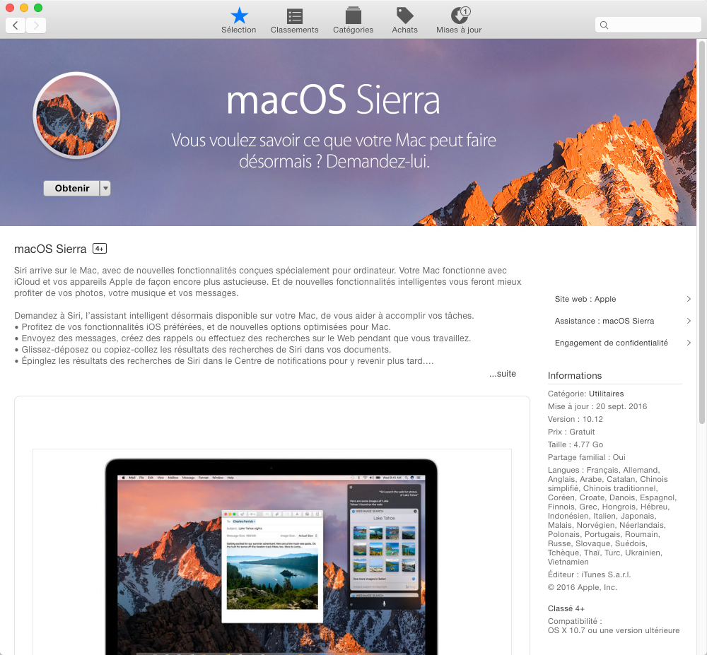 Téléchargez et installez Mac OS Sierra sur App Store