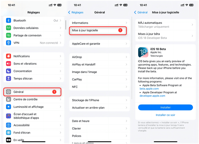 Télécharger et installer iOS 18 bêta dans Réglages