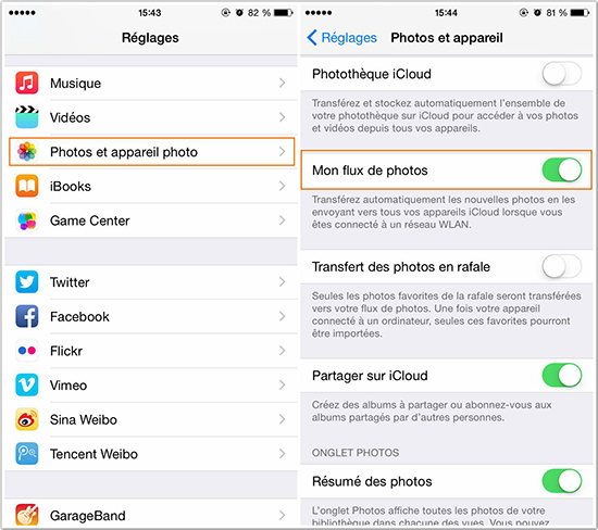 Activer le flux de photos pour transférer photos d'iPhone 6 vers iPad