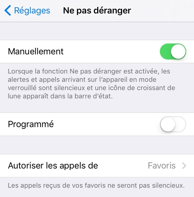 Problème de Notifications d'iOS 11/10 - Vérifier l'option Ne pas déranger