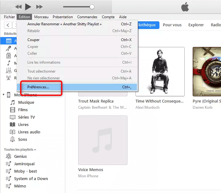 Ouverture des préférences d’iTunes