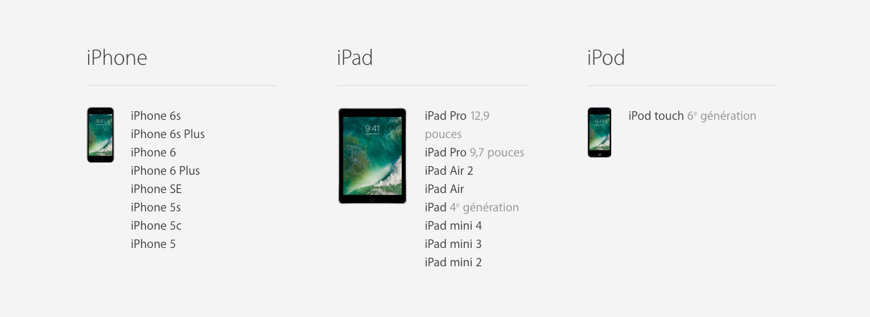 Crédit d'image : apple.com Liste des appareils supportant iOS 10