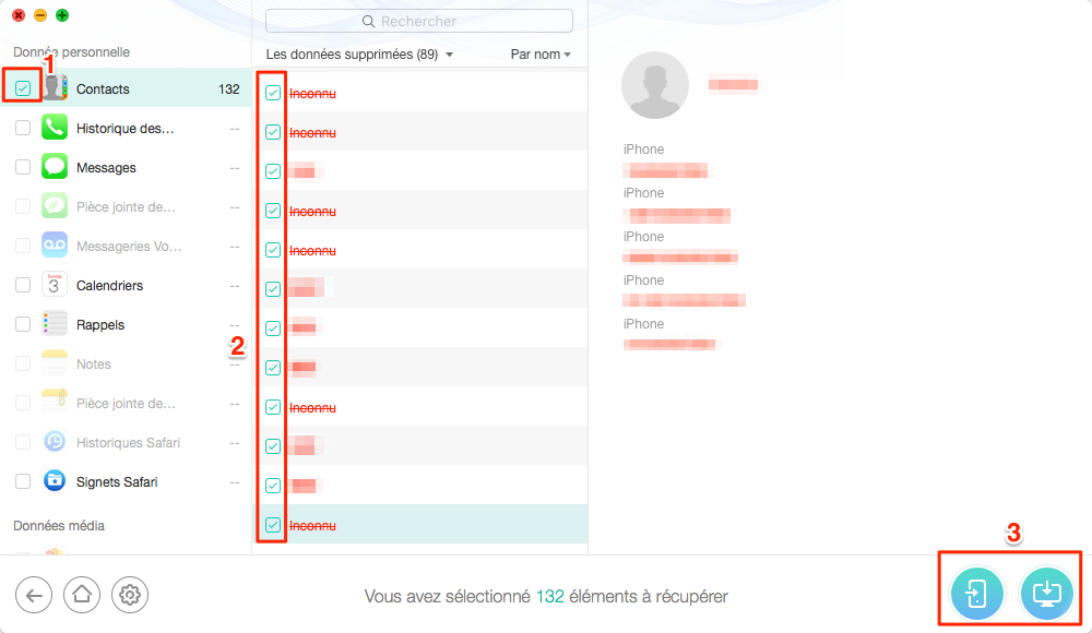 La récupération des contacts iPhone – étape 2