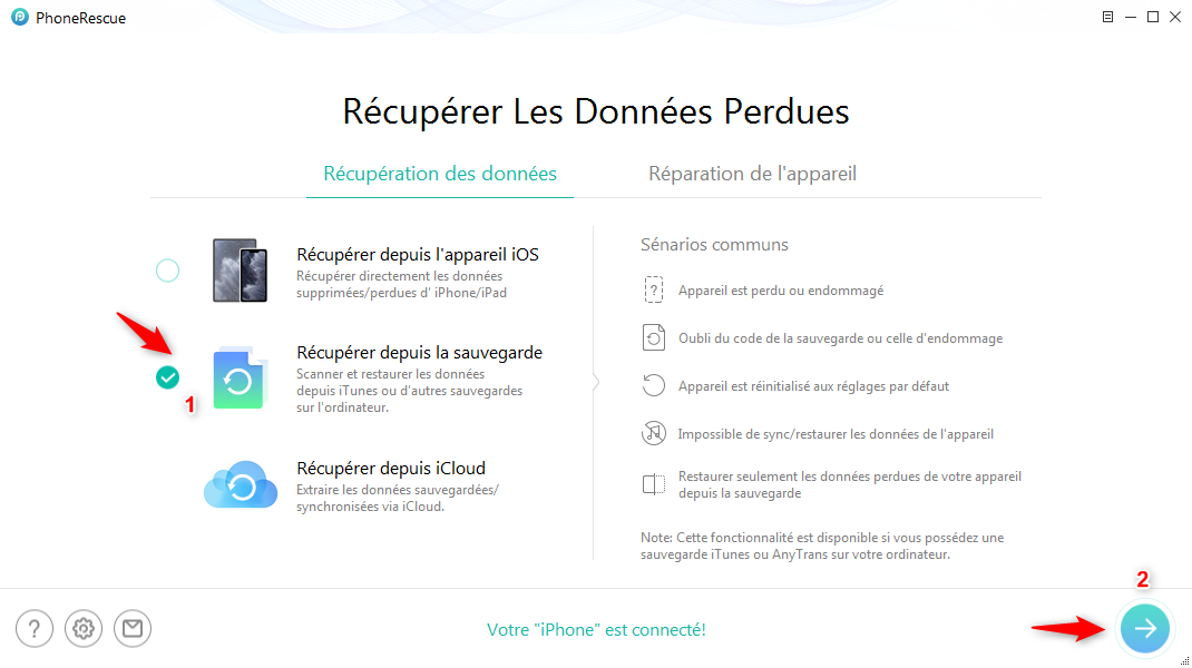 Récupérer contacts iPhone depuis iTunes avec PhoneRescue - étape 1