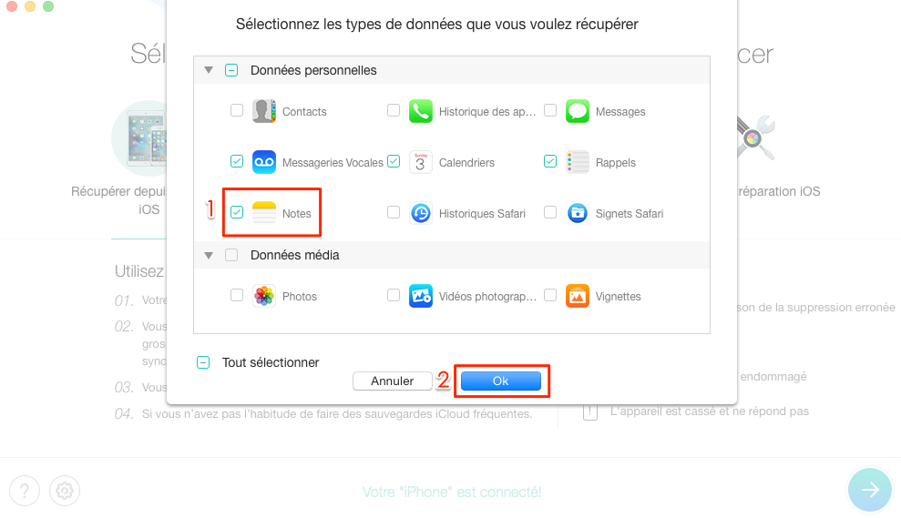 Récupérer les notes perdues depuis iPhone 7 (Plus) sans sauvegarde - étape 3
