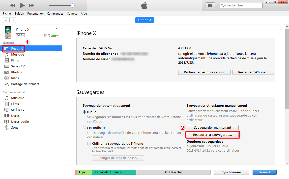 Récupérer les données perdues iPhone sous iOS 12/12.1.1 avec iTunes
