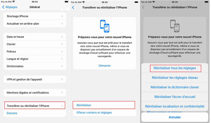 La réinitialisation des réglages