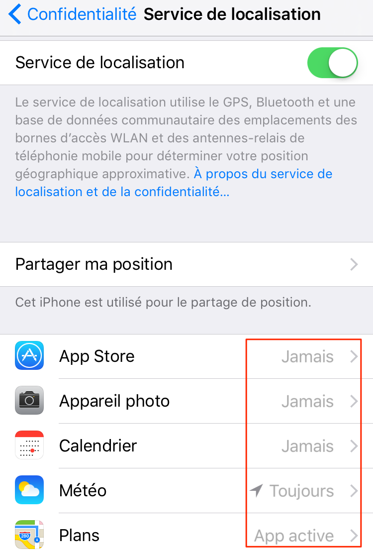 Économiser batterie iPhone iOS 13/12/11 - Désactiver les services de localisation