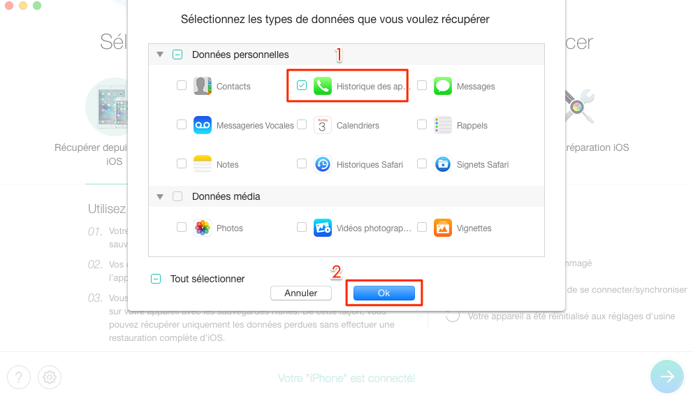 Récupération de l'historique des appels supprimés sur iPhone – étape 2