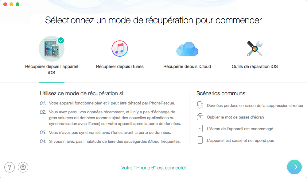 Récupérer des SMS supprimés de l'iPhone sans sauvegarde - étape 1