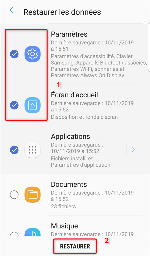 Restauration des paramètres et de l’écran d’accueil via Samsung Cloud 
