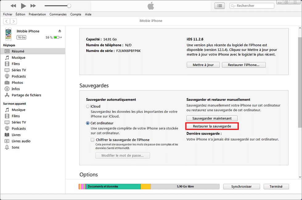 Restaurer un iPhone à partir d'une sauvegarde iTunes