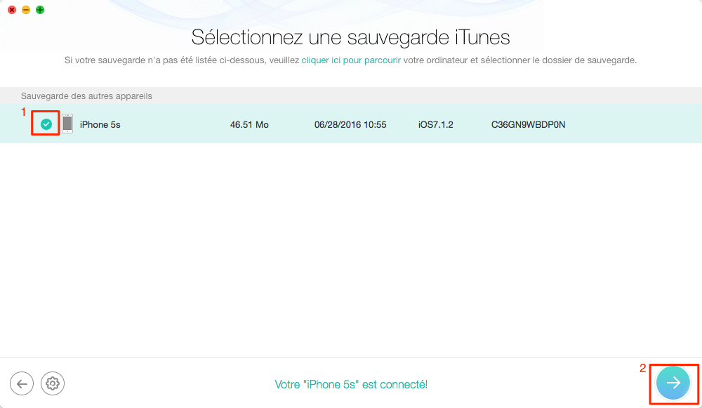 Choisissez une sauvegarde iTunes