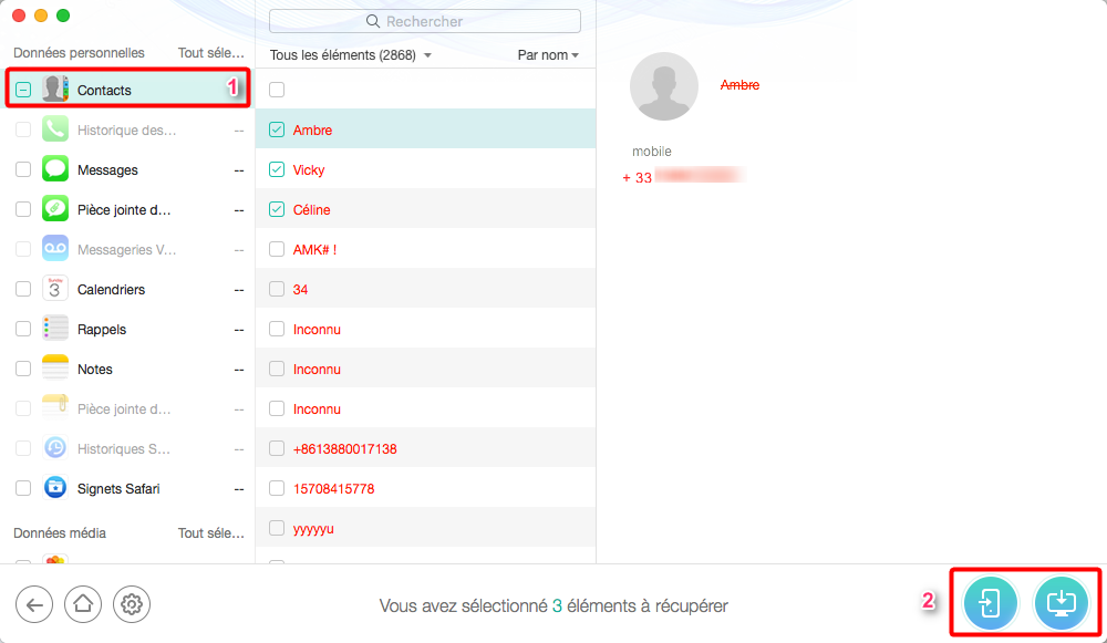 Récupération de contacts supprimés sur iPhone - étape 3