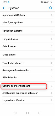 Activerer les Options pour développeurs