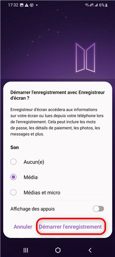 Démarrer l'enregistrement sur Samsung