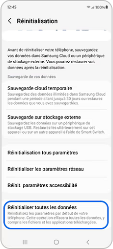 Réinitialiser toutes les données de Samsung