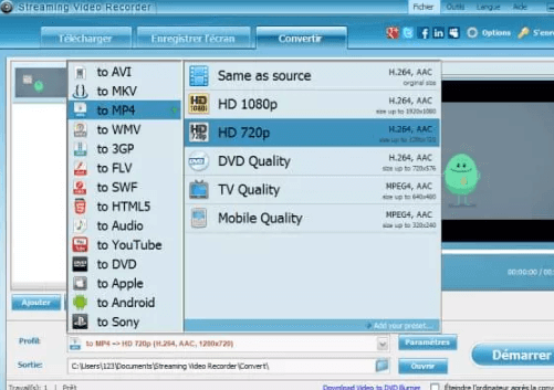 Liste des extensions disponibles sur Streaming Video Recorder