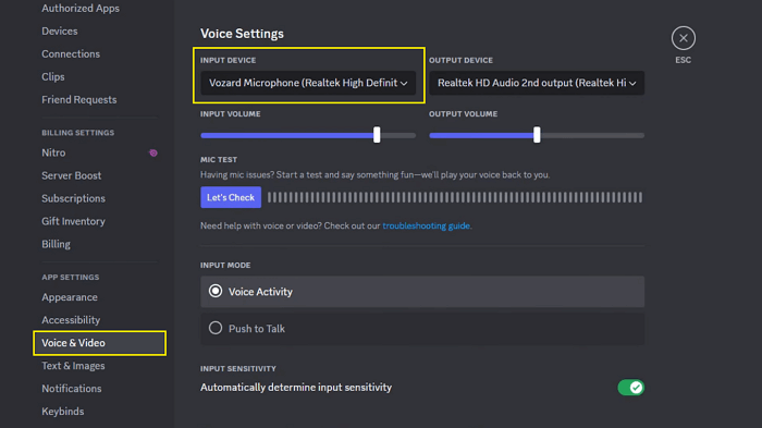 Sélectionnez Vozard comme périphérique d'entrée dans Discord