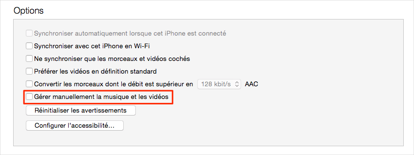 Décocher gérer manuellement la musique et les vidéos