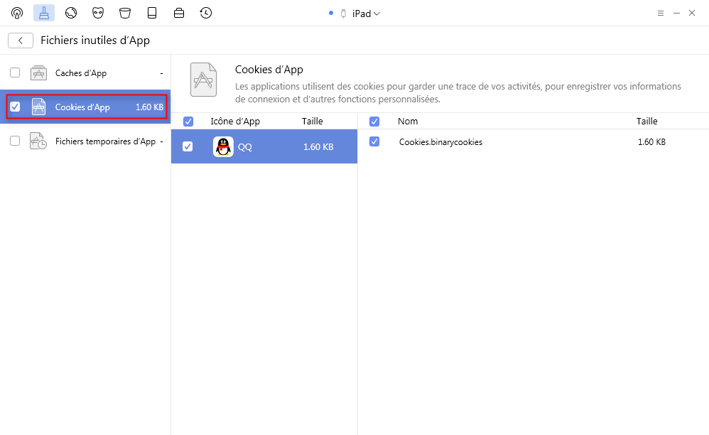 Supprimez les cookies d'App avec PhoneClean sur iPad – étape 3