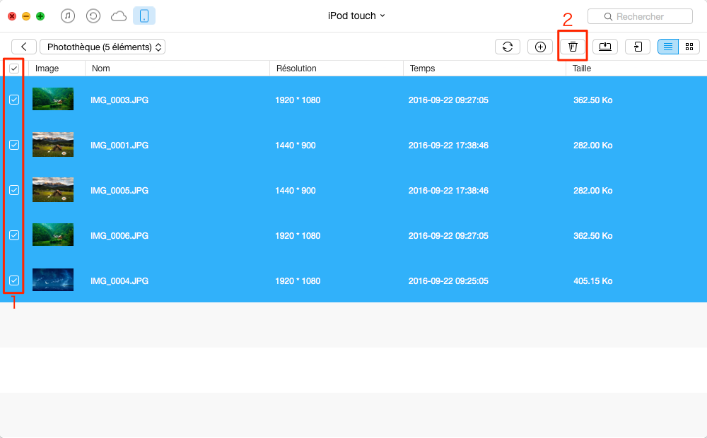 La suppression des photos de l'iPod touch – étape 3