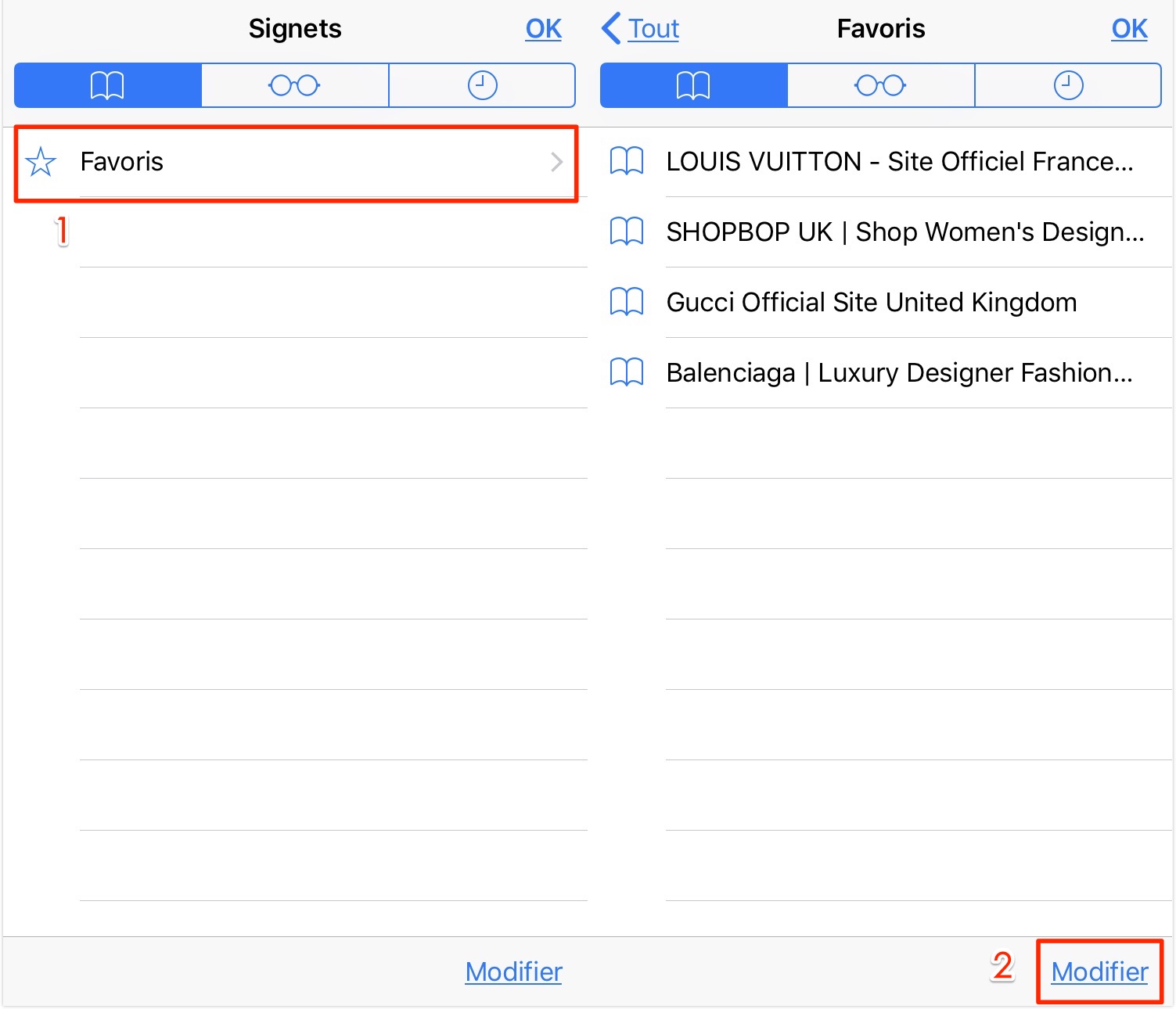 Supprimer les signets de Safari sur iPhone X/8 un par un - étape 1
