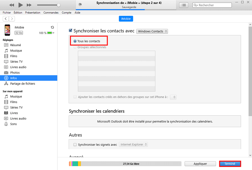 Synchroniser les contacts via iTunes