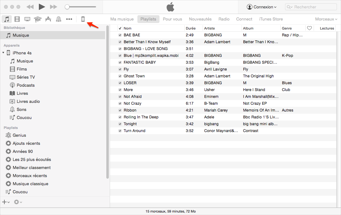 Transférer le contenu iTunes vers iPhone avec iTunes - étape 1