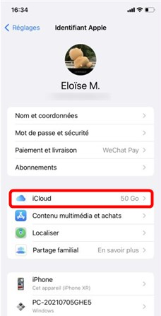 Entrez dans votre compte puis choisissez iCloud