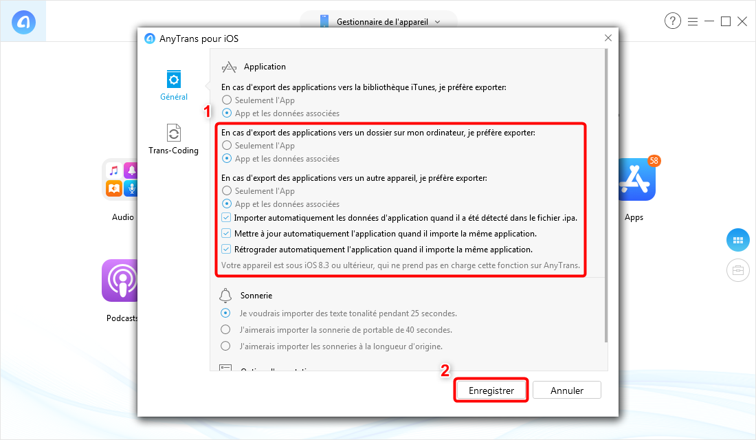 Modifier vos paramètres préférés sur le transfert d'application