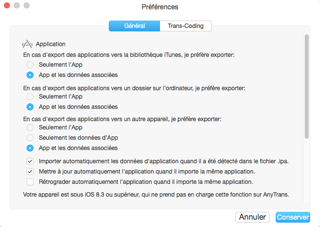 Modifier vos paramètres préférés sur le transfert d’application