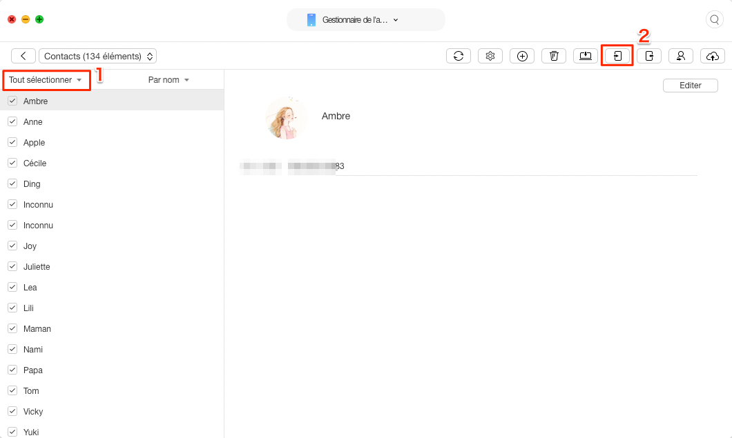 Transférer Contacts sélectionnés de iPhone vers nouvel iPhone XS/XR- étape 3