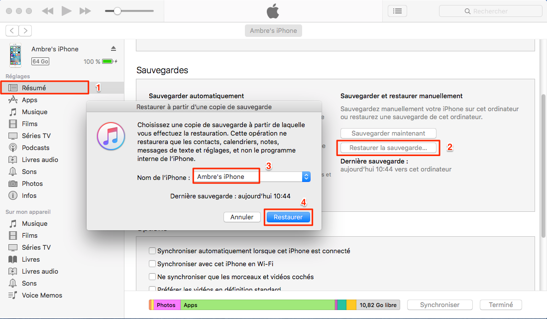 Restaurer une sauvegarde iTunes sur nouvel iPhone XS/XR