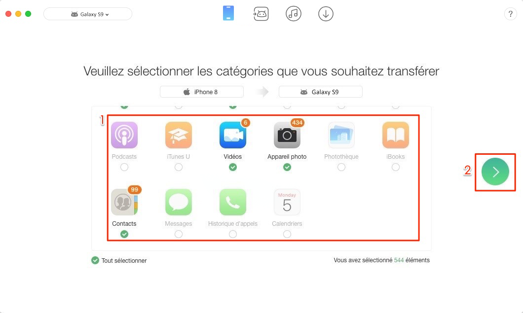 Envoyer des données iPhone vers Samsung S9 – étape 2