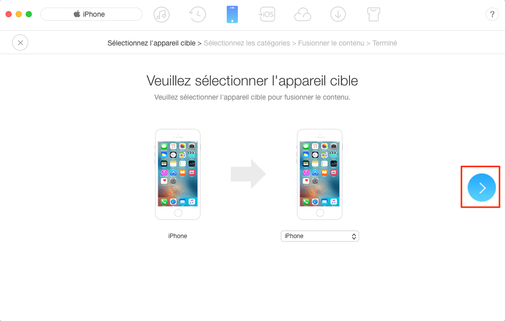 Transfert de mesaages de l'iPhone vers nouvel iPhone - étape 2