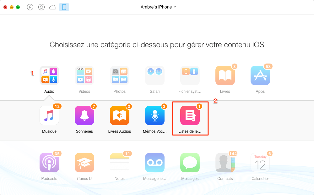Transfert de Playlists de l'iPhone 7 à iTunes avec AnyTrans – étape 2