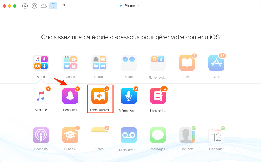 Transfert de livres audio de l'iPhone à iPhone - étape 2