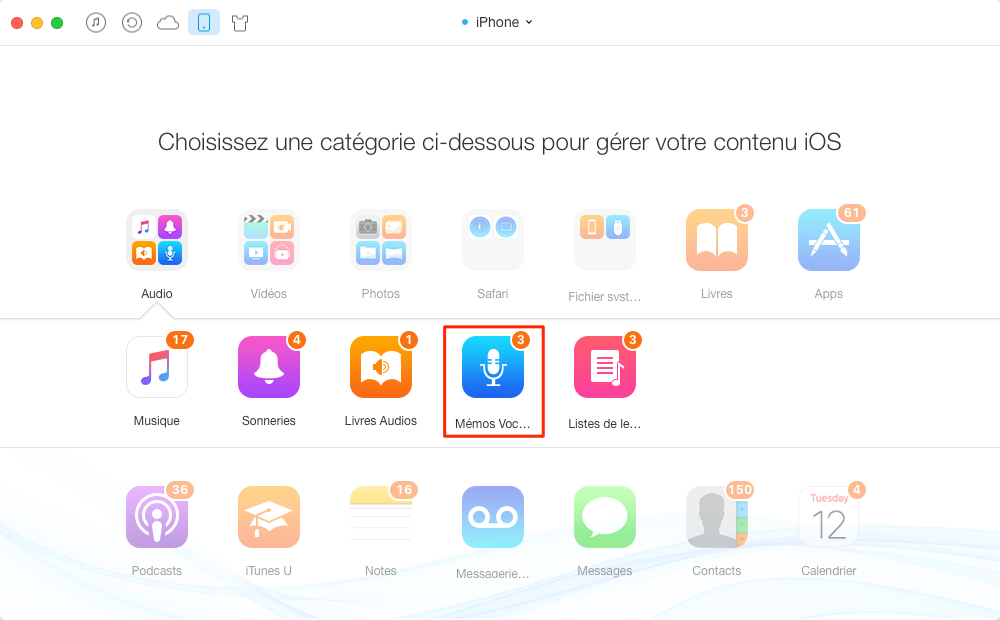 Transfert de mémos vocaux de l'iPhone à iPhone - étape 2