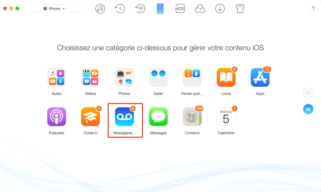 Exporter messagerie vocale iPhone sur l'ordinateur - étape 2
