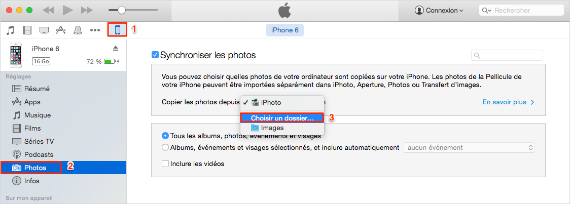 Comment transférer des photos de l'ordinateur à l'iPhone 6 avec iTunes