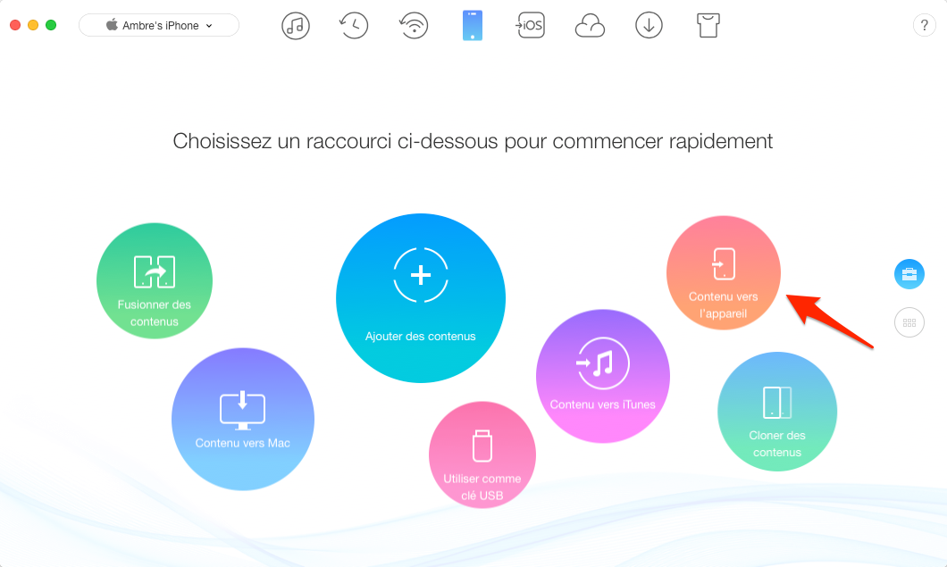 Connectez deux iPhone, et choisissez Contenu vers appareil – étape 1
