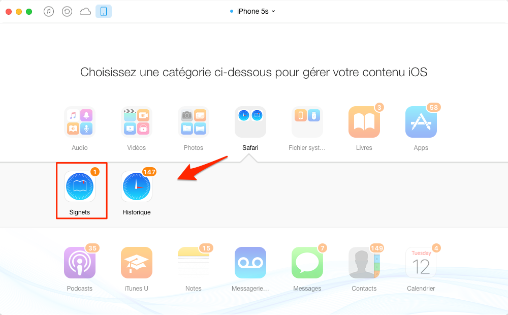 Transfert des signets d'un ancien iPhone vers un nouvel – étape 2