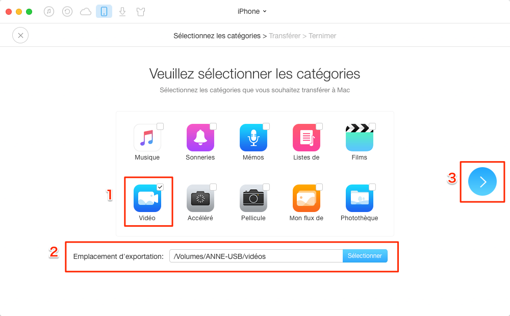 Transfert des vidéos entre iPhone/iPad et USB – étape 2