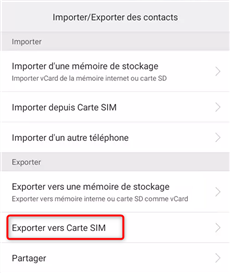Choisissez Exporter vers carte SIM