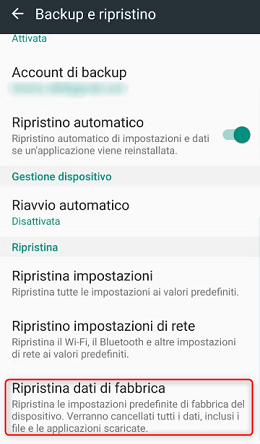 Ripristino di fabbrica del telefono Android