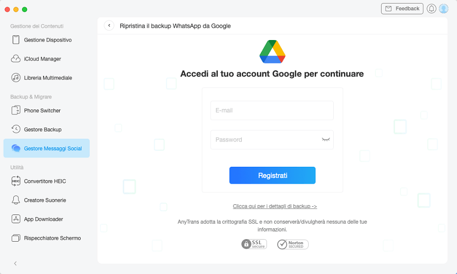 Inserisci le informazioni del tuo account Google