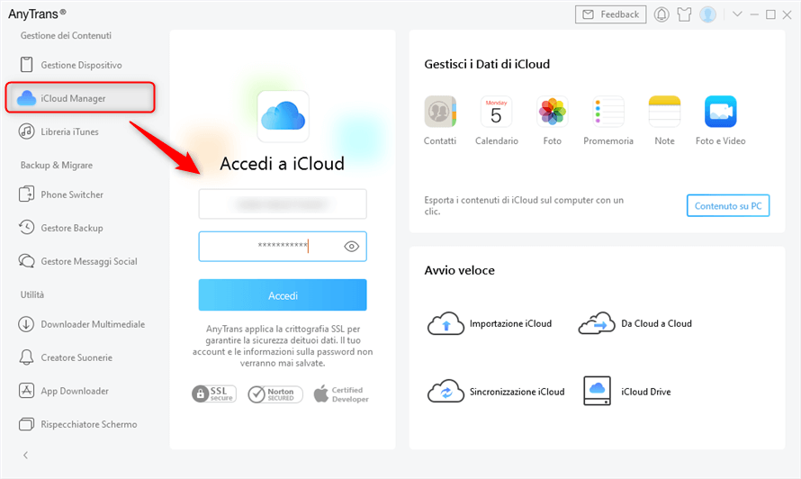 accedi account icloud in anytrans