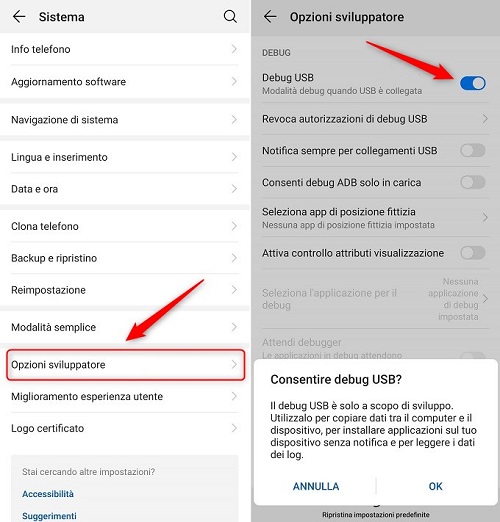 Attiva l’opzione di debug USB