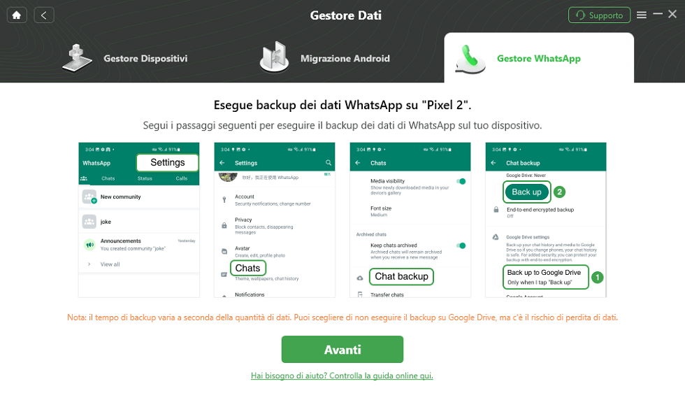 Eseguire il backup di WhatsApp sul telefono